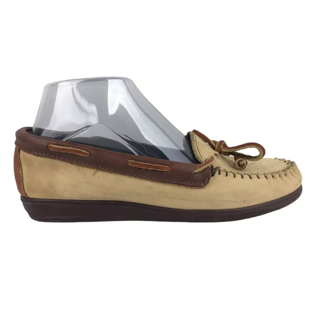 Hamp Shires Womens Brown Beige Leather Slip On Casual Boat Shoes Size US 7 M